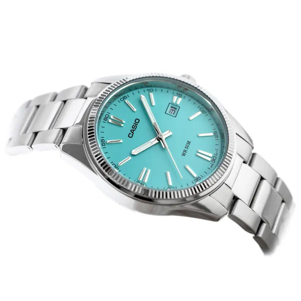 Casio MTP-1302PD-2A2 férfi karóra, türkiz számlap, acél szíj, WR50