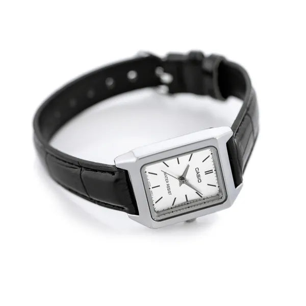 Casio női karóra LTP-V007L-7E1, ezüst számlap, fekete bőr szíj