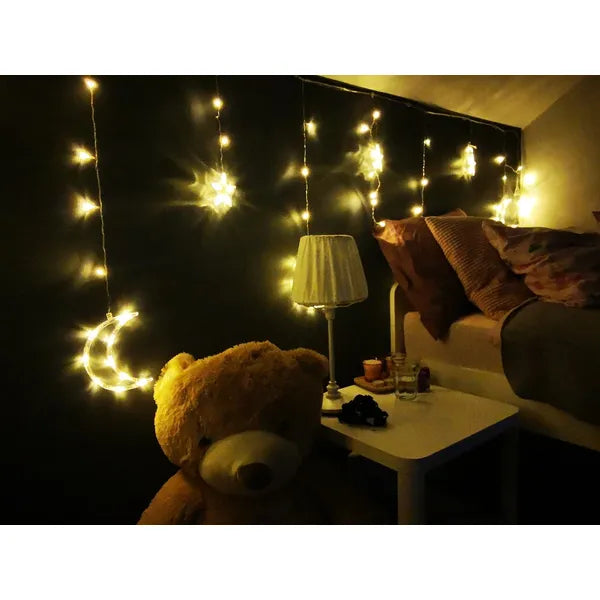 Függöny LED fényfüzér hold–csillag motívummal, 4 m, 96 LED, meleg fehér