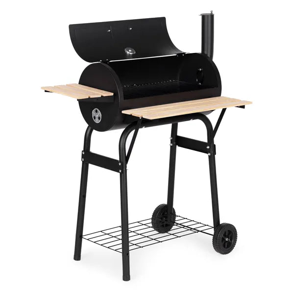 Nagyméretű kerti grill hőmérővel, kéménnyel, 3 polccal és kerekekkel