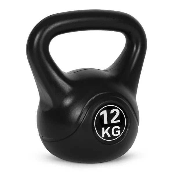 Kettlebell 12 kg, műanyag burkolat, ergonomikus markolat, lapos talppal