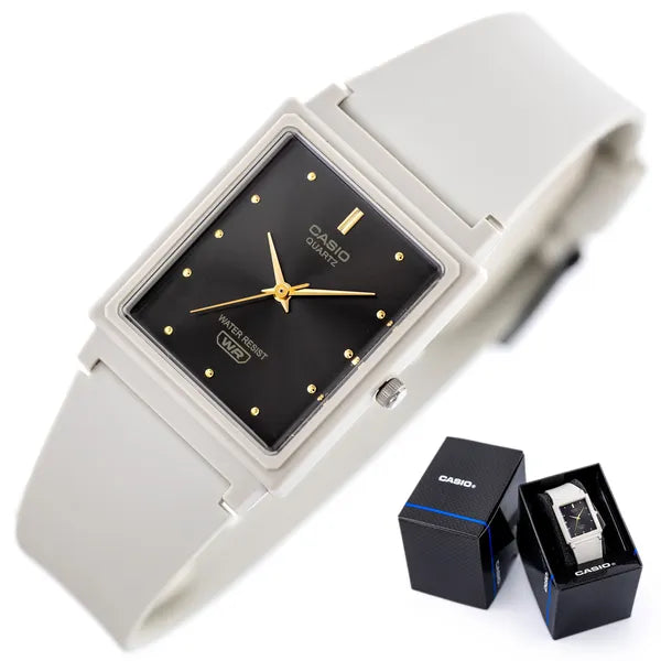 Casio MQ-38UC-8A női kvarc karóra, téglalap, bézs műanyag, WR30, díszdoboz