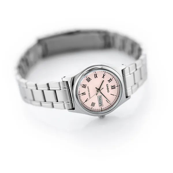 Női Casio LTP-V006D-4B karóra, acél szíj, rózsaszín számlap, WR30, dátum