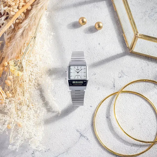 Casio Vintage AQ-800E-7A uniszex karóra ezüst nemesacél, Dual Time