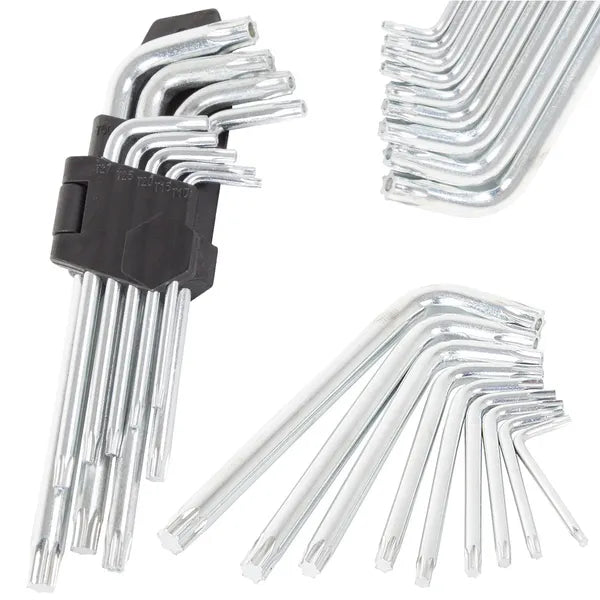 Torx L-alakú imbuszkulcs készlet, 9 db, 1,5–10 mm, edzett acél tartóval