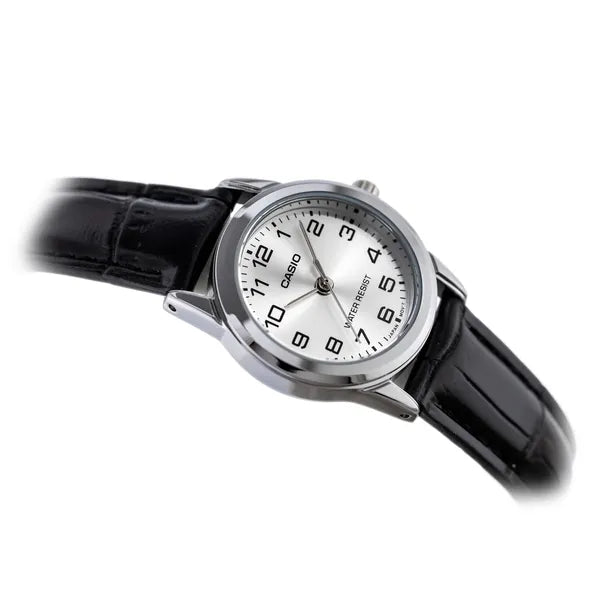 Casio női karóra LTP-V001L-7B, fekete bőrszíj, ezüst számlap, WR30