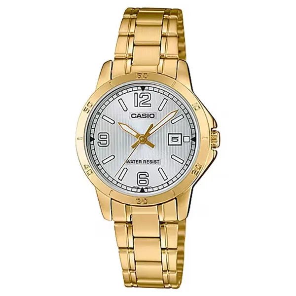 Casio női aranyszínű nemesacél karóra, ezüst számlap, dátum, 30 mm