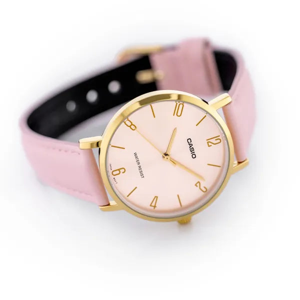 Casio LTP-VT01GL-4B női kvarc karóra arany tokkal és rózsaszín bőrszíjjal
