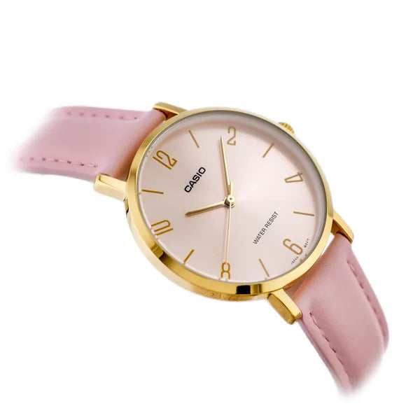 Casio LTP-VT01GL-4B női kvarc karóra arany tokkal és rózsaszín bőrszíjjal