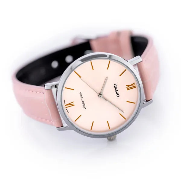 Casio női kvarc karóra, rózsaszín bőrszíj, 34 mm, WR30, díszdobozzal