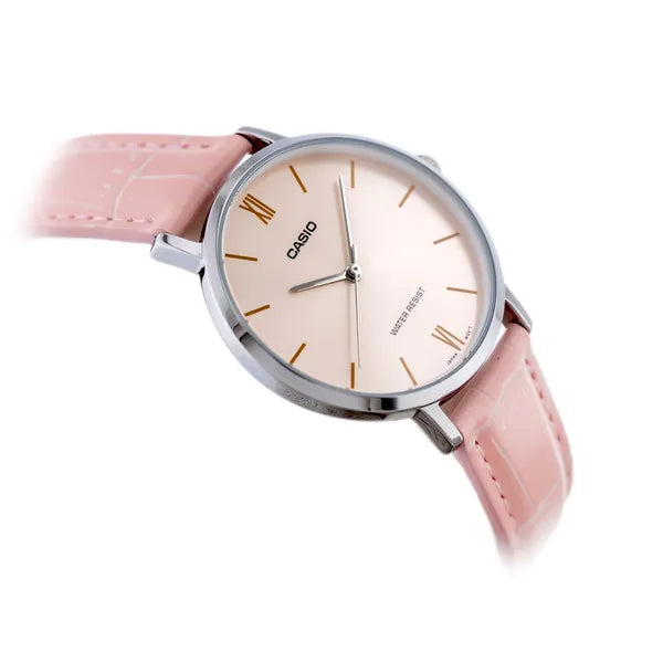 Casio női kvarc karóra, rózsaszín bőrszíj, 34 mm, WR30, díszdobozzal