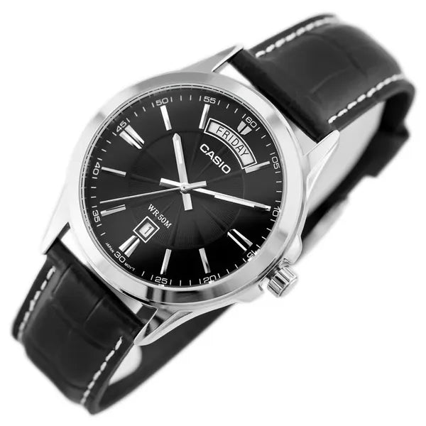 Casio MTP-1381L-1A férfi karóra, fekete bőrszíj, acél tok, WR50