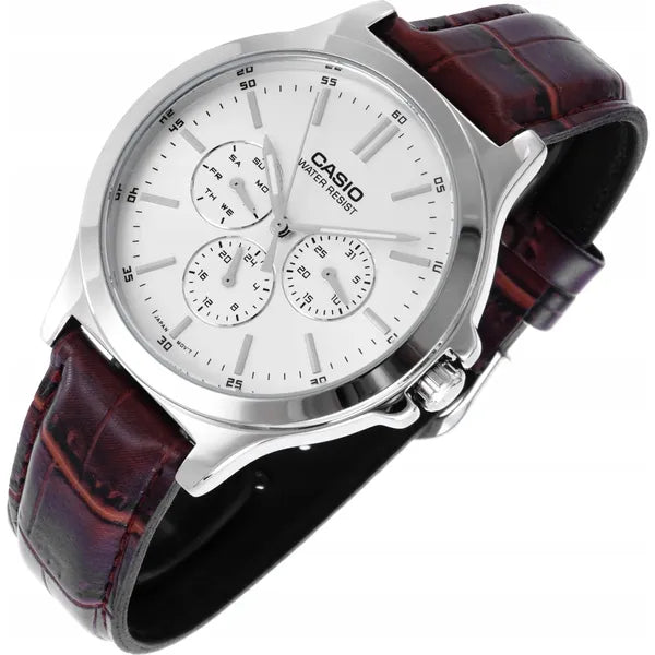 Casio MTP-V300L-7A férfi karóra, barna bőrszíj, ezüst számlap, WR30