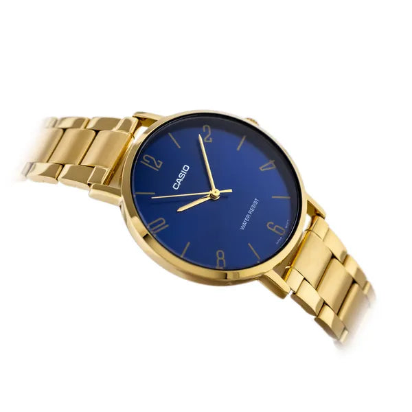 Casio MTP-VT01G-2B2 férfi karóra, arany nemesacél, 40 mm, kék számlap, WR30