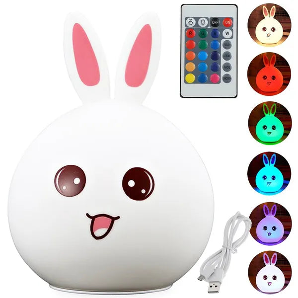 LED nyuszi éjszakai fény RGB, USB tölthető, távirányítós, szilikon, 15,5 cm