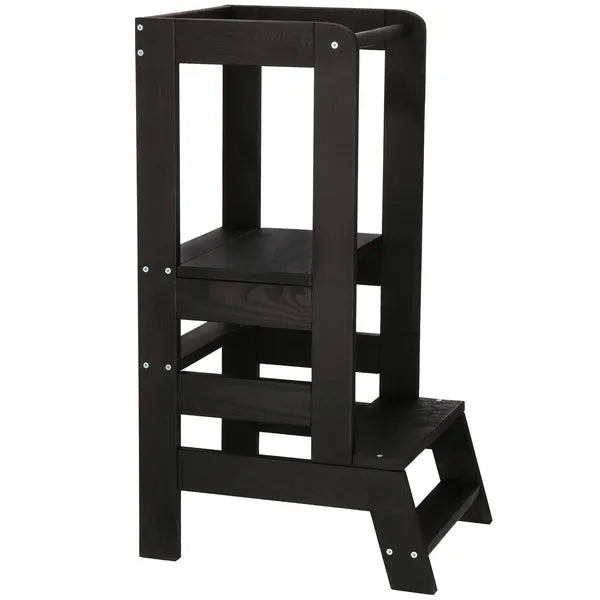 Fekete állítható konyhai tanulótorony, fenyőfa, 90 cm (3 szint)