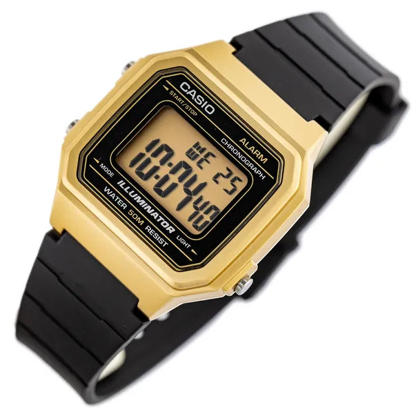 Casio W-217HM-9A uniszex digitális karóra, arany tok/fekete szíj, 50 m vízálló