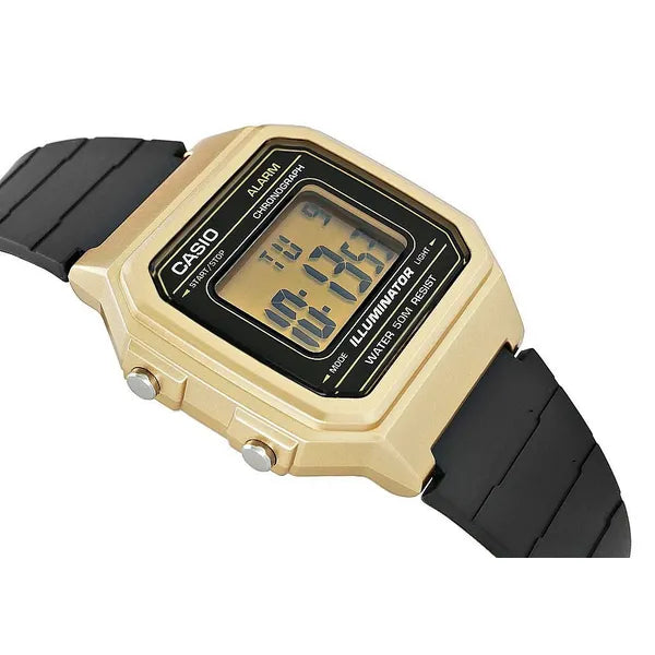 Casio W-217HM-9A uniszex digitális karóra, arany tok/fekete szíj, 50 m vízálló