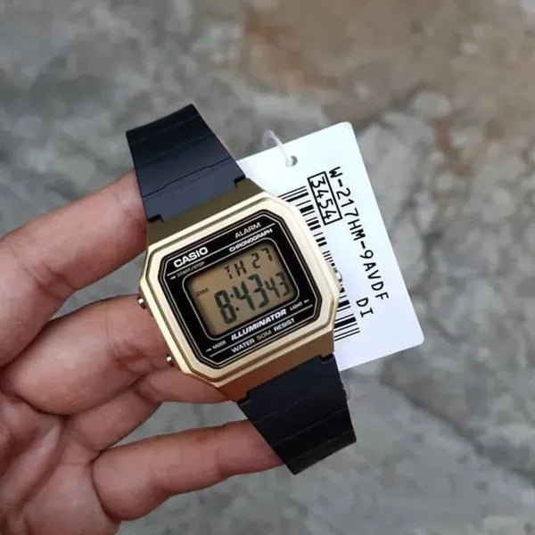 Casio W-217HM-9A uniszex digitális karóra, arany tok/fekete szíj, 50 m vízálló