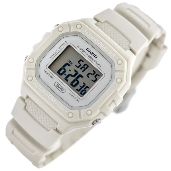 Casio W-218HC-8A uniszex digitális retro karóra krémszínű, WR50, LED