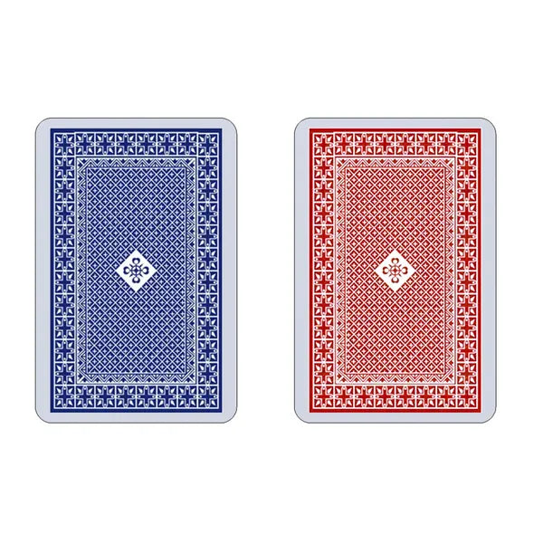 Műanyag bevonatú pókerkártya pakli, 54 lap, 8,7×5,7 cm, kék/piros