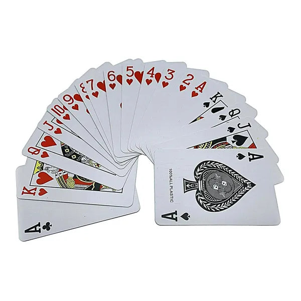 Műanyag bevonatú pókerkártya pakli, 54 lap, 8,7×5,7 cm, kék/piros