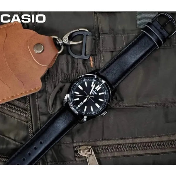 Casio MTP-VD02BL-1E férfi karóra, fekete bőr szíj, dátumkijelző