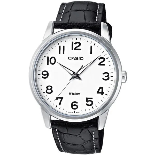 Casio MTP-1303L-7BVDF férfi karóra, bőrszíj, fehér számlap, WR50