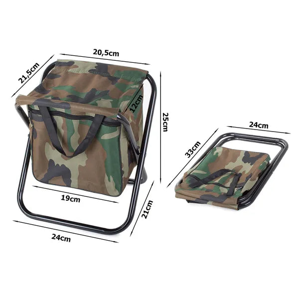 Összecsukható terepszínű horgász- és túraszék cipzáras tárolóval, 25 cm