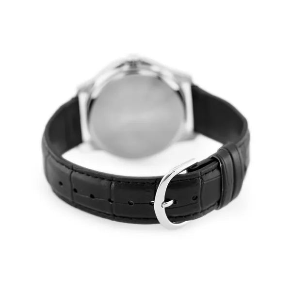 Casio MTP-V004L-7A férfi karóra, kvarc, fekete bőr szíj, ezüst számlap