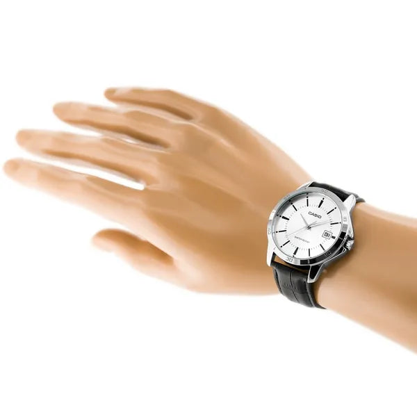 Casio MTP-V004L-7A férfi karóra, kvarc, fekete bőr szíj, ezüst számlap