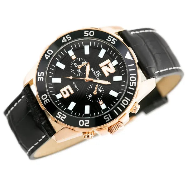 Férfi quartz karóra fekete bőr szíjjal, rosegold tok, 46 mm