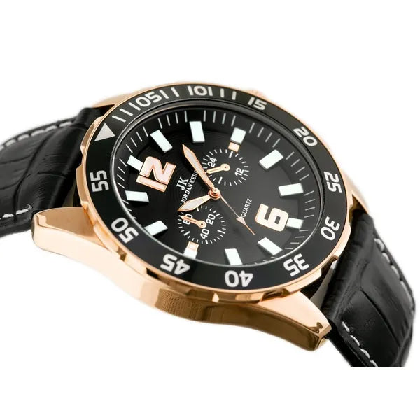 Férfi quartz karóra fekete bőr szíjjal, rosegold tok, 46 mm