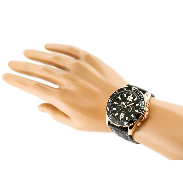 Férfi quartz karóra fekete bőr szíjjal, rosegold tok, 46 mm