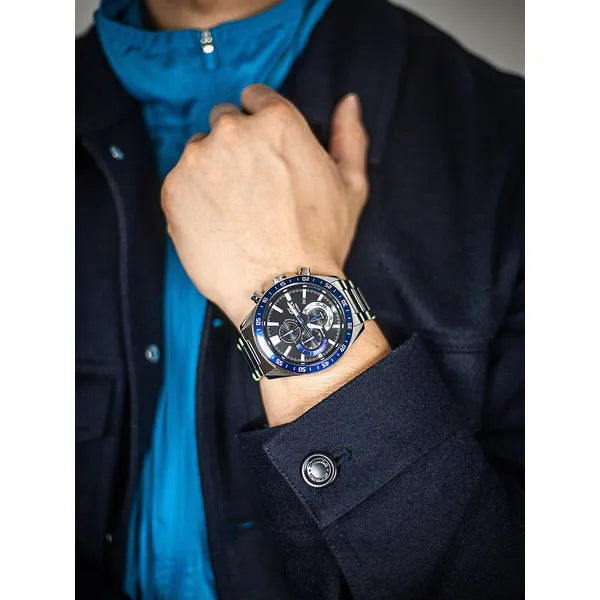 Casio Edifice férfi kronográf karóra, acél szíj, fekete-kék, WR100