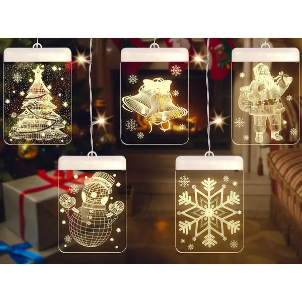 3D ólomüveg hatású karácsonyi ablakdísz, 6 LED, elemes, 42 cm