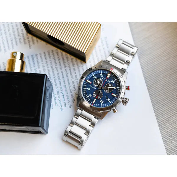 Citizen Eco-Drive kronográf férfi karóra, napelemes, acél, 43 mm, WR100