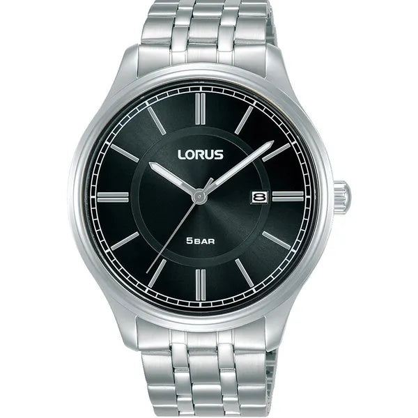 Lorus férfi karóra, 42 mm, fekete számlap, ezüst rozsdamentes acél szíj