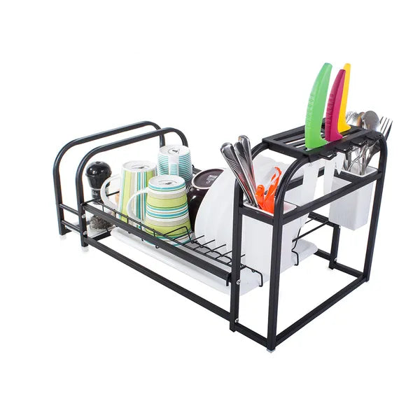 Fekete loft fém edényszárító állvány csepegtetőtálcával, 55×29×31 cm