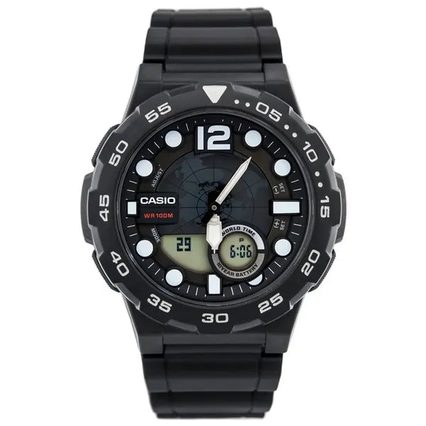 Casio AEQ-100W-1AV férfi karóra, WR100 vízálló, világidő, LED, doboz