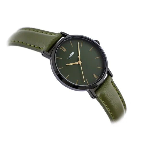 Casio LTP-VT02BL-3A női karóra – zöld bőrszíj, fekete tok, 30 m WR