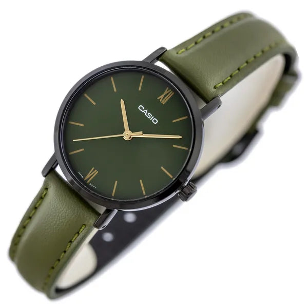 Casio LTP-VT02BL-3A női karóra – zöld bőrszíj, fekete tok, 30 m WR