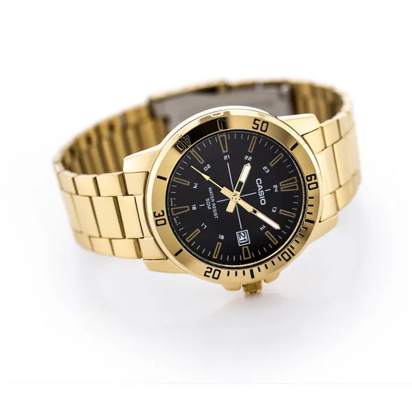 Casio MTP-VD01G-1C férfi karóra, arany acél, fekete számlap, WR50, 44 mm