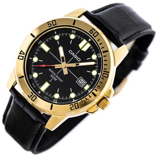 Casio férfi karóra MTP-VD01GL-1E arany tok, fekete bőrszíj WR50