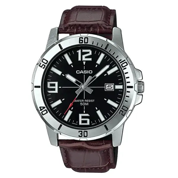 Casio MTP-VD01L-1BV férfi karóra, barna bőrszíj, fekete számlap, WR50