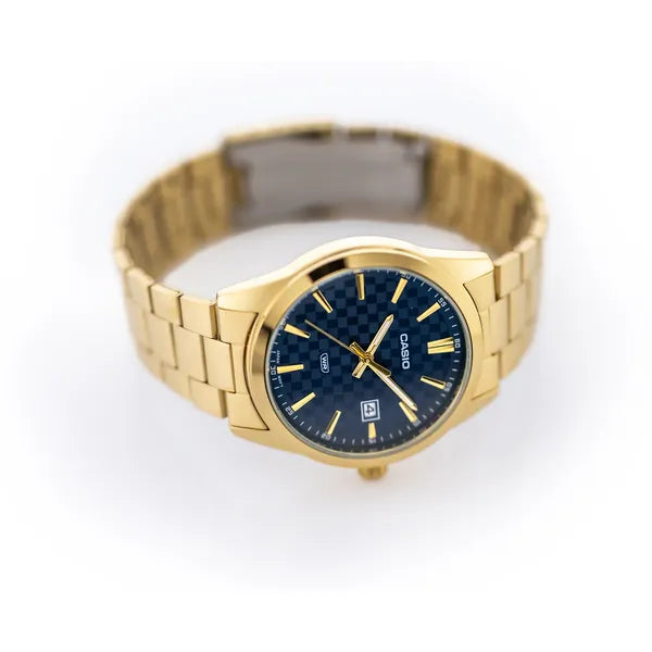 Casio MTP-VD03G-2A férfi karóra, arany acél, kék számlap, WR50