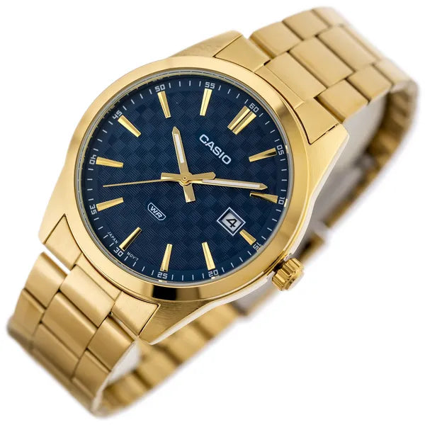 Casio MTP-VD03G-2A férfi karóra, arany acél, kék számlap, WR50