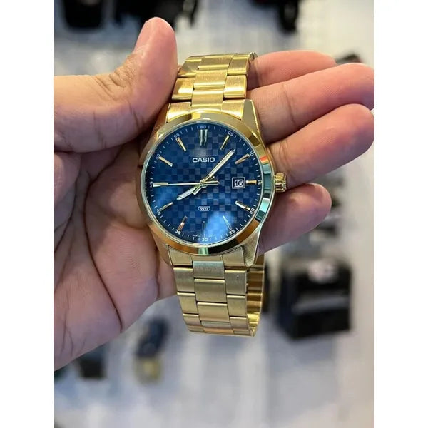 Casio MTP-VD03G-2A férfi karóra, arany acél, kék számlap, WR50