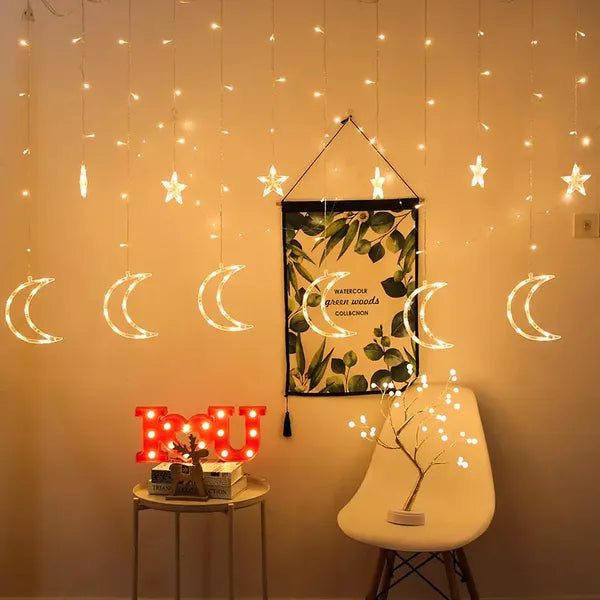 Függöny LED fényfüzér hold–csillag motívummal, 4 m, 96 LED, meleg fehér