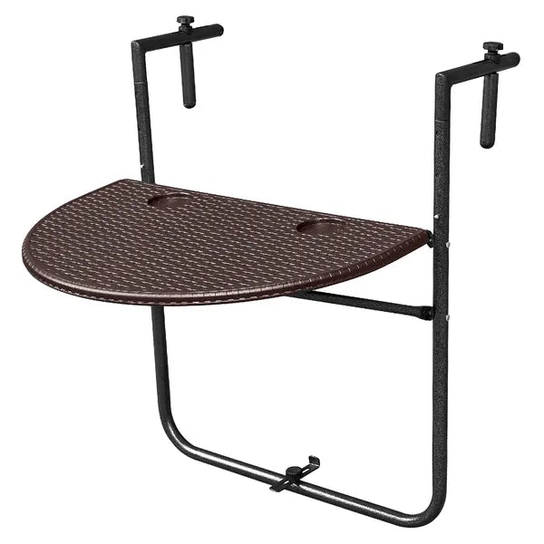 Összecsukható barna HDPE erkélyasztal korlátra akasztva, 64×60 cm